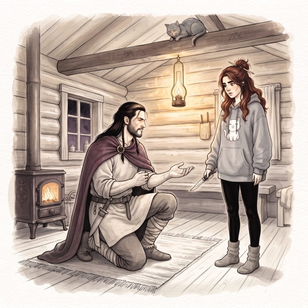 Einar, de rodillas, le tiende la mano abierta a Candela, que sostiene una navaja; una gata los mira desde la viga.