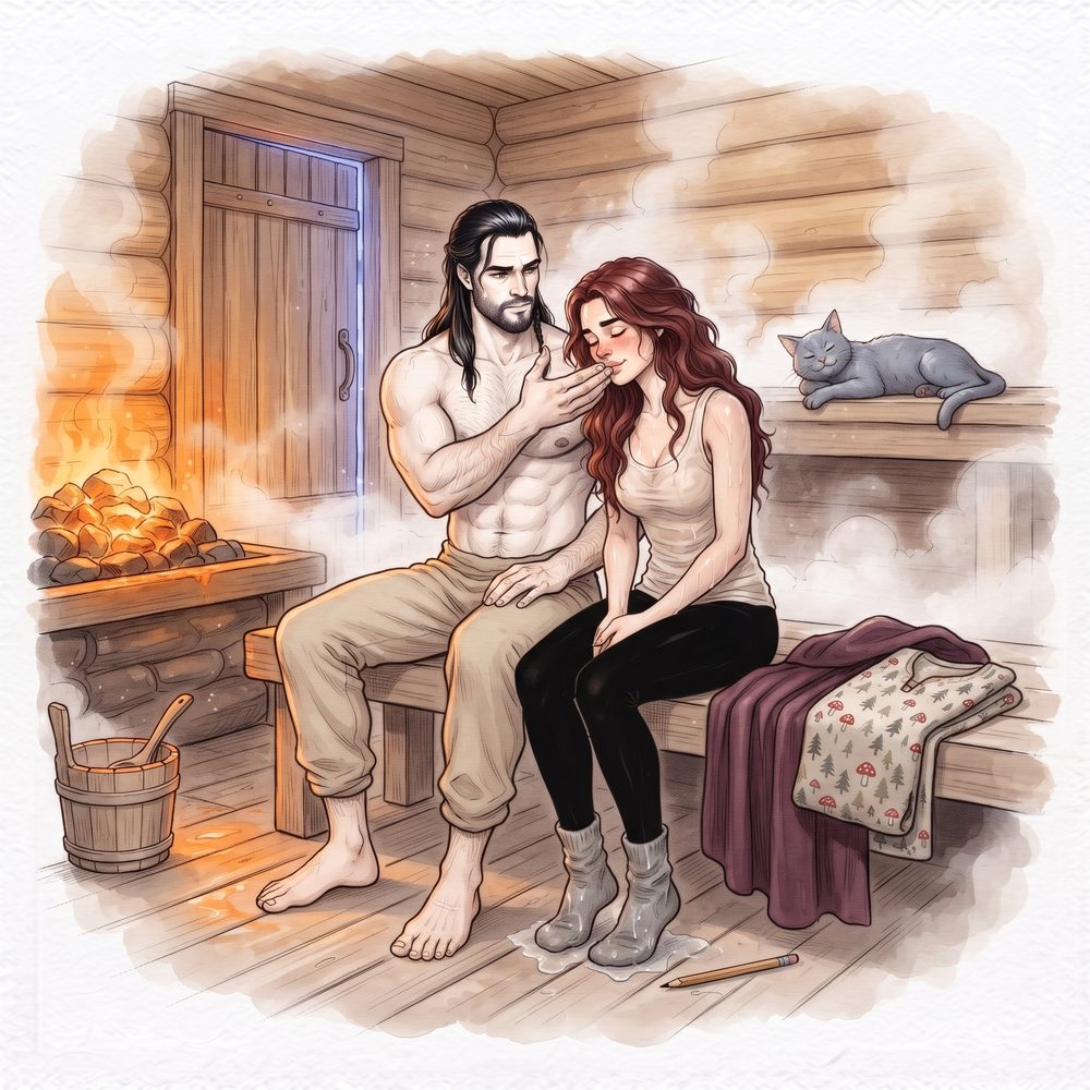Einar y Candela sentados en un banco de una casa de baños vikinga llena de vapor.
