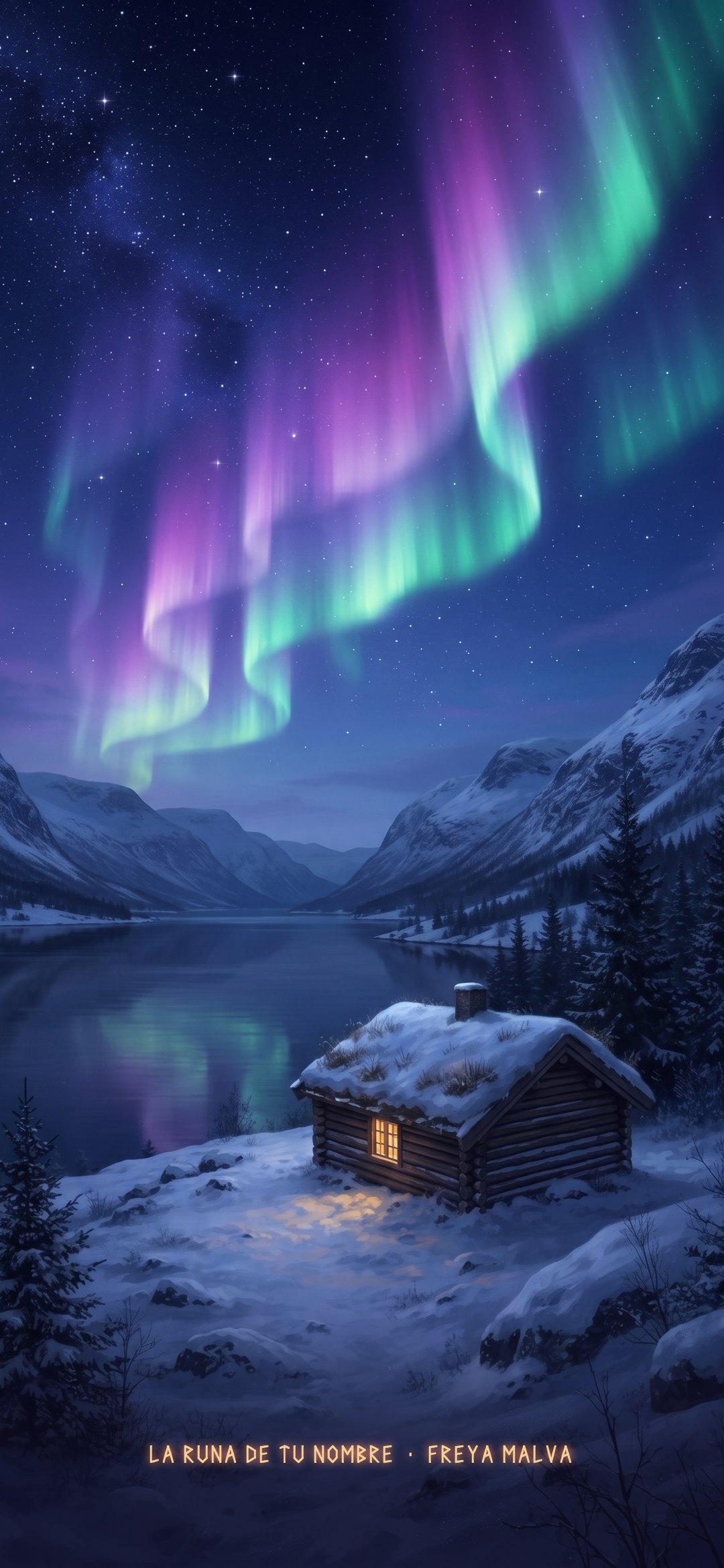 Una aurora enorme, morada y verde, sobre la casita de troncos junto al fiordo nevado.