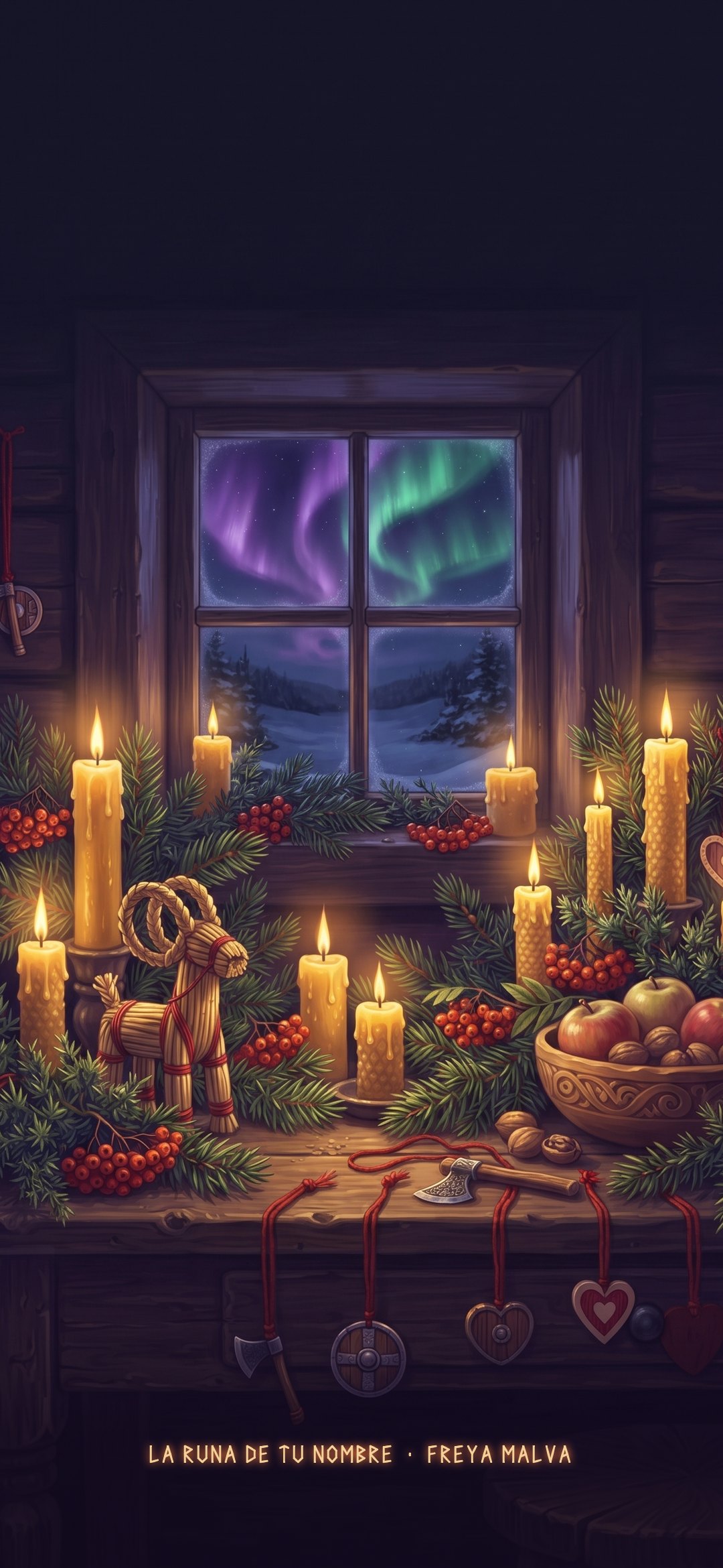 Velas, ramas de abeto, bayas rojas y una cabrita de paja en una mesa vikinga, con la aurora en la ventana.
