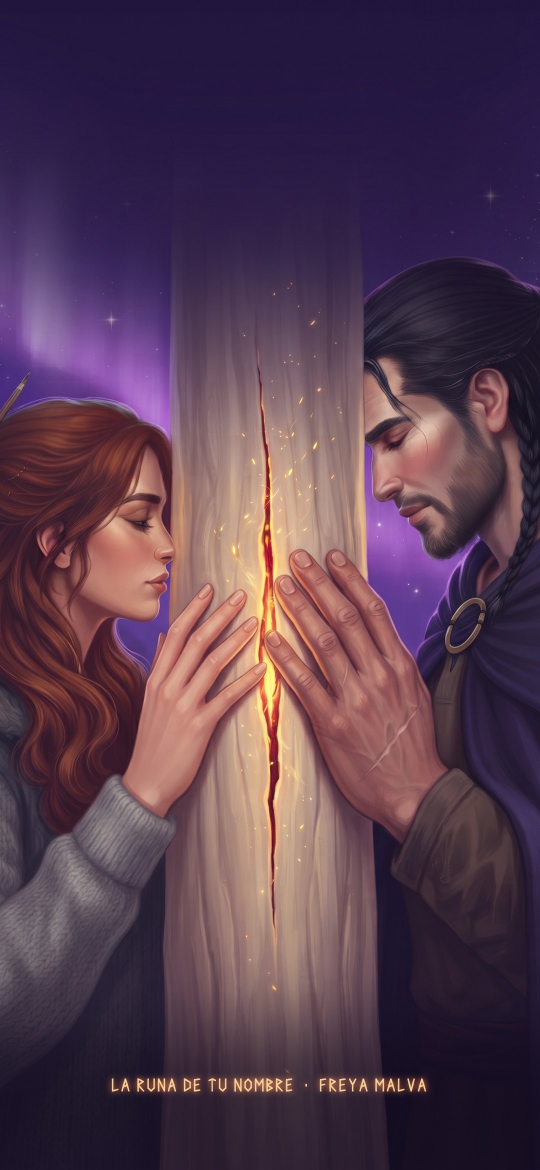 Candela y Einar, cada uno a un lado de la viga, con las manos casi tocándose sobre una grieta de luz.