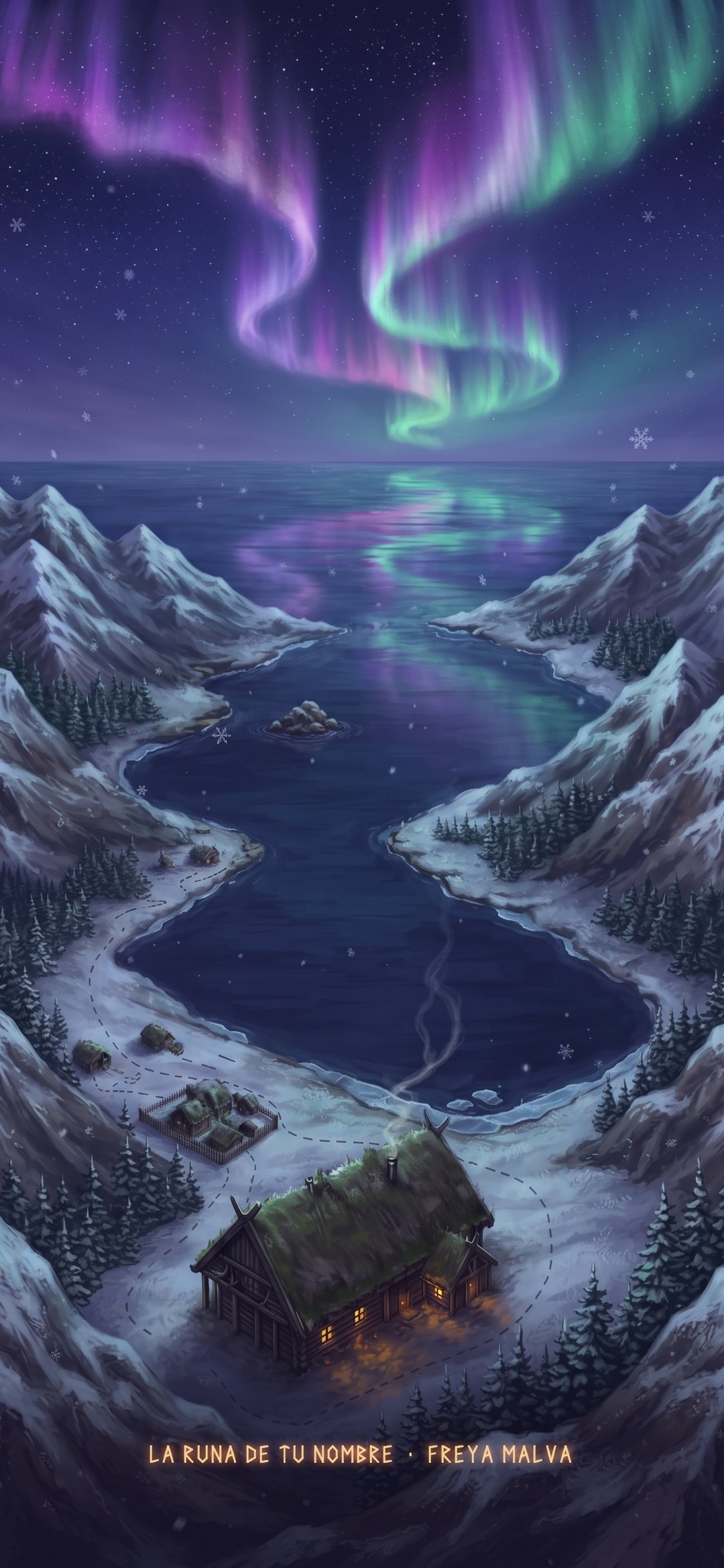 El fiordo visto desde la montaña, con la casa abajo y la aurora sobre el mar.