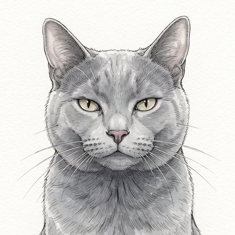 Máni, una gata gris de ojos verde dorado, mirando de frente.