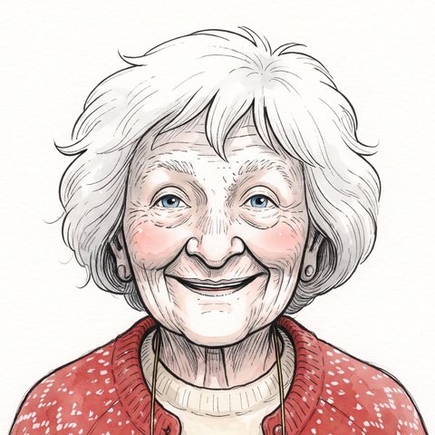 Retrato de Ragna: una señora mayor de pelo blanco y corto, sonriendo, con una chaqueta roja de punto.