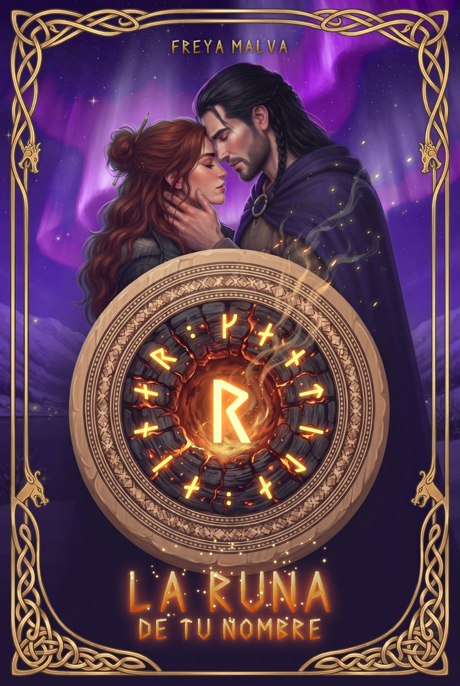 Portada de La runa de tu nombre: una pareja abrazada bajo una aurora morada, detrás de un círculo de madera quemada con runas encendidas.