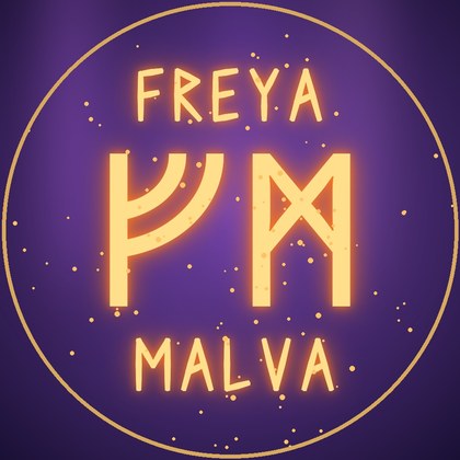El sello de Freya Malva: sus iniciales en runas, en oro sobre morado, con FREYA arriba y MALVA abajo.